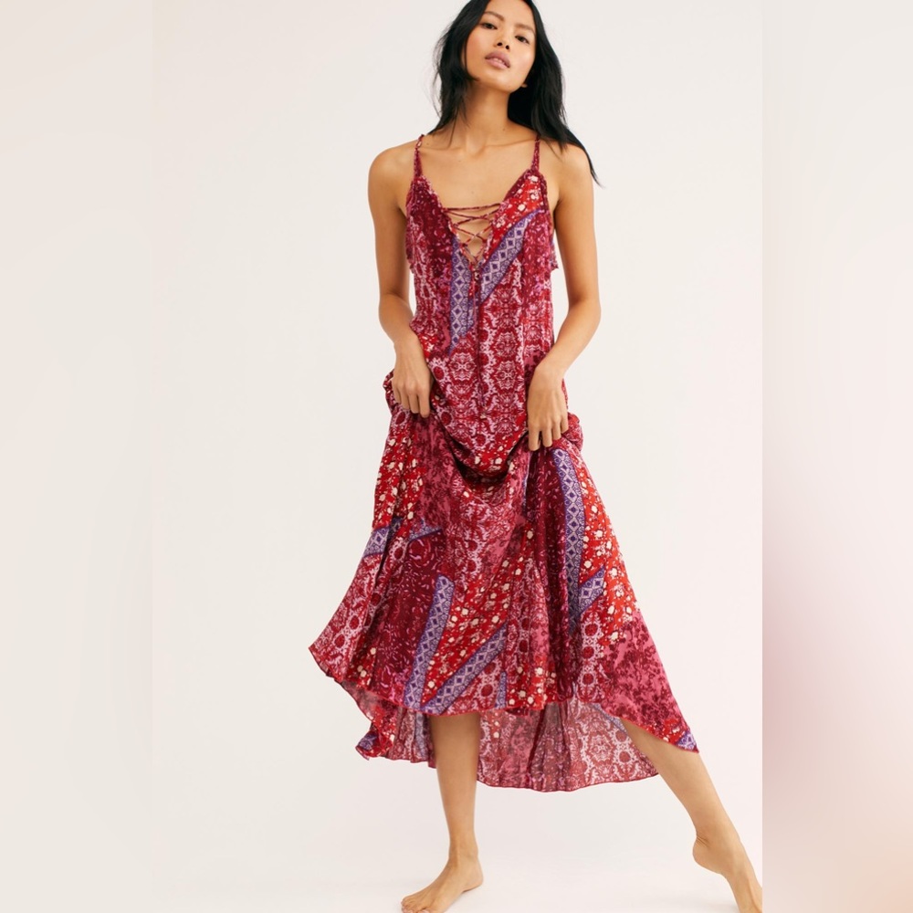 Free People Work Of Art Printed Maxi Slip in Red